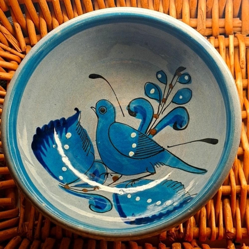 Vtg Tonala Blue Bowl Mexican Folkart Pottery